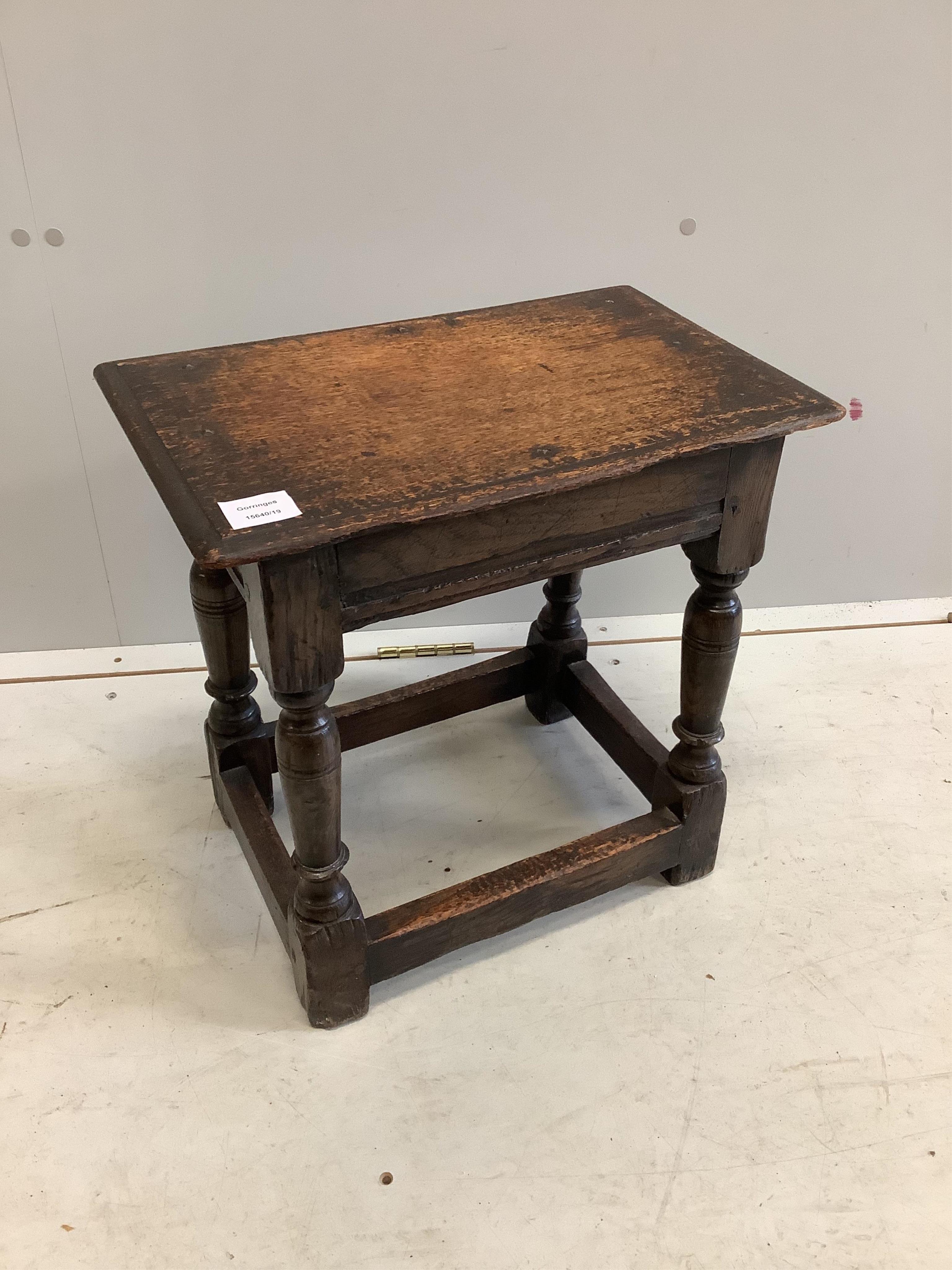 A 17th century style oak joint stool, width 46cm. Condition - fair